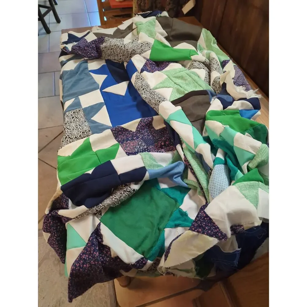 Vintage 70s Mixed Calico Star Patchwork Unfinished Quilt Top - 69